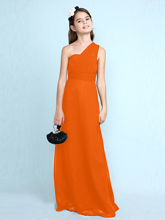 Long Sheath One Shoulder Flower Girl Dresses Chiffon Junior Bridesmaid Dress-27dress