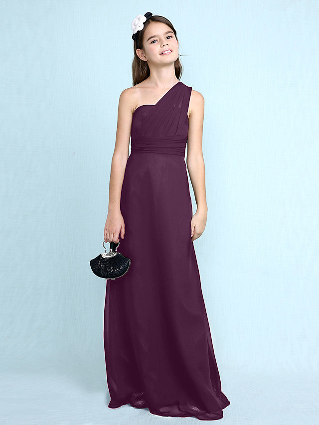 Long Sheath One Shoulder Flower Girl Dresses Chiffon Junior Bridesmaid Dress-27dress