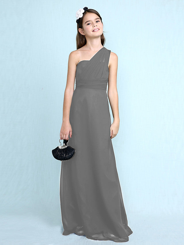 Long Sheath One Shoulder Flower Girl Dresses Chiffon Junior Bridesmaid Dress-27dress