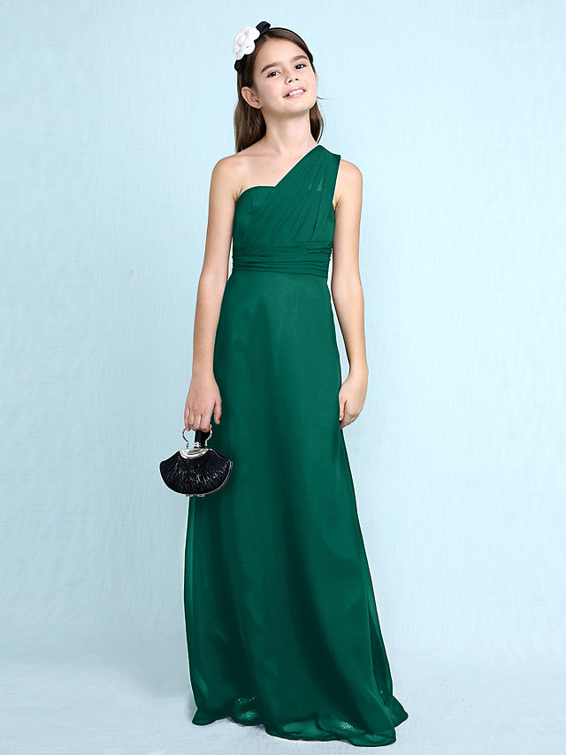 Long Sheath One Shoulder Flower Girl Dresses Chiffon Junior Bridesmaid Dress-27dress