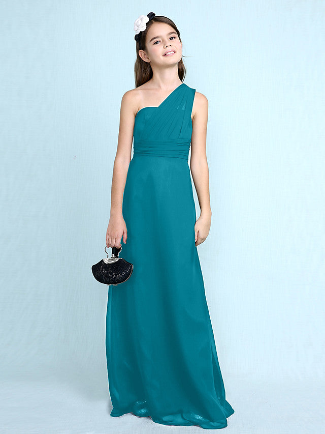Long Sheath One Shoulder Flower Girl Dresses Chiffon Junior Bridesmaid Dress-27dress