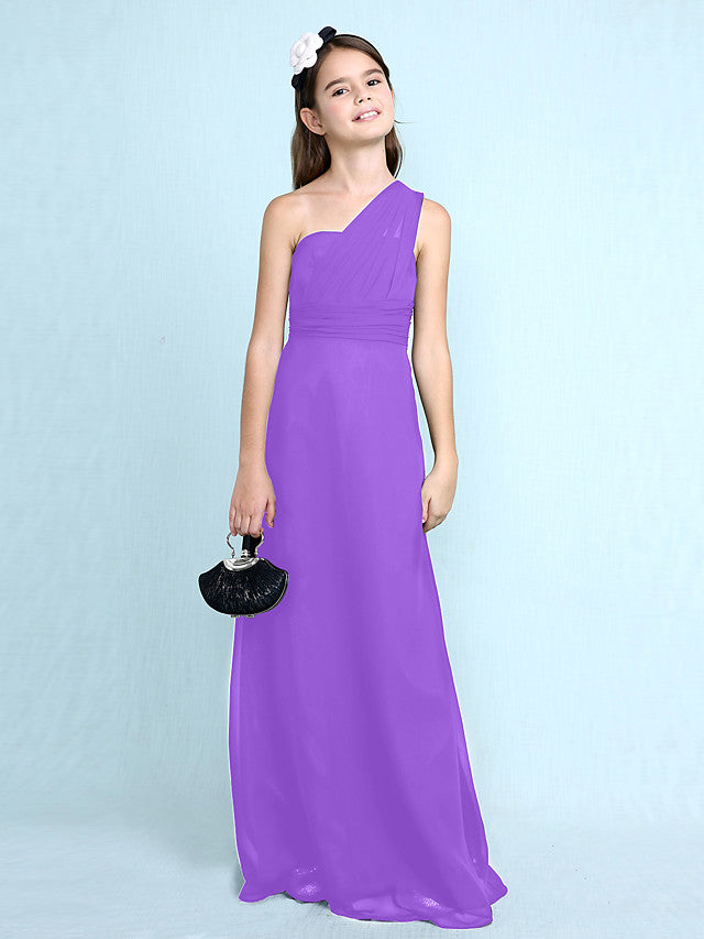 Long Sheath One Shoulder Flower Girl Dresses Chiffon Junior Bridesmaid Dress-27dress