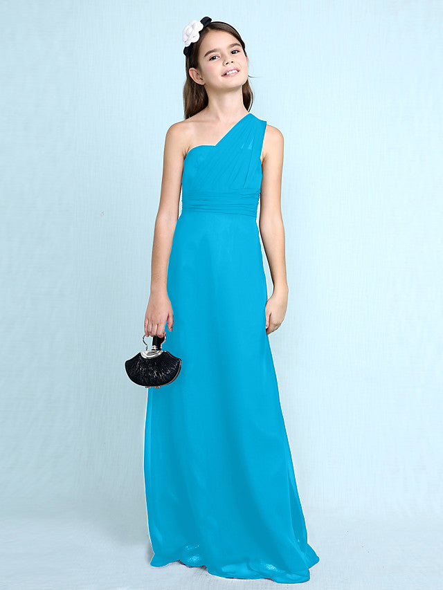 Long Sheath One Shoulder Flower Girl Dresses Chiffon Junior Bridesmaid Dress-27dress