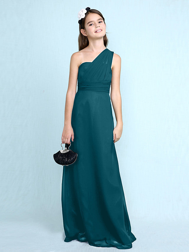 Long Sheath One Shoulder Flower Girl Dresses Chiffon Junior Bridesmaid Dress-27dress