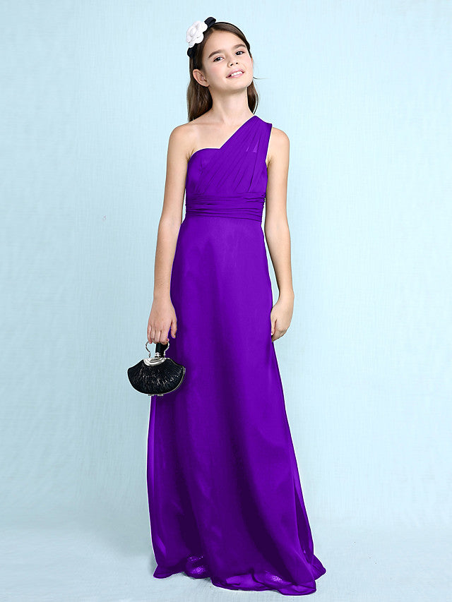 Long Sheath One Shoulder Flower Girl Dresses Chiffon Junior Bridesmaid Dress-27dress