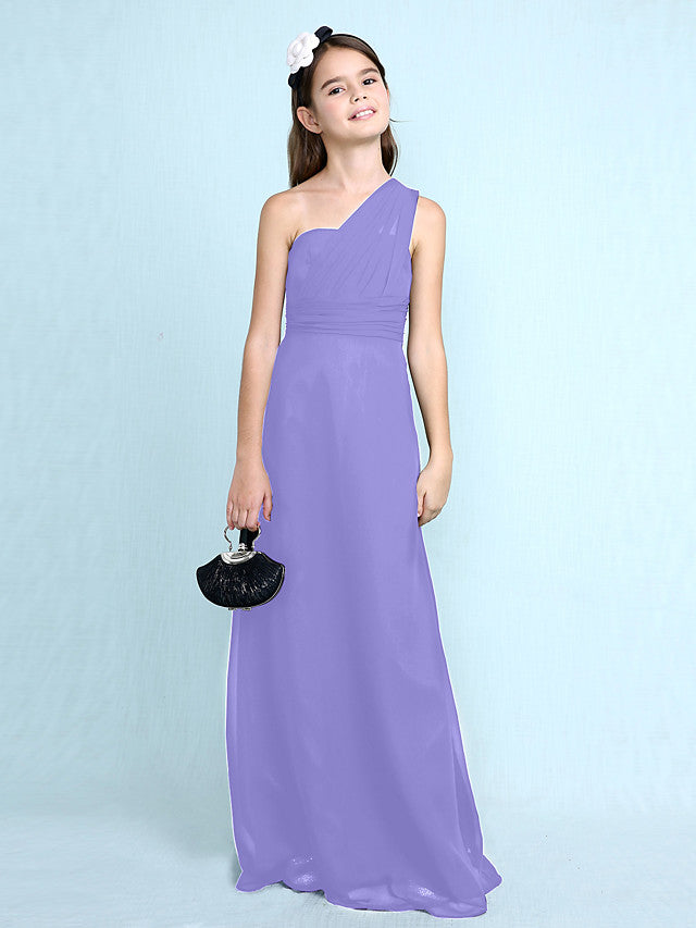 Long Sheath One Shoulder Flower Girl Dresses Chiffon Junior Bridesmaid Dress-27dress
