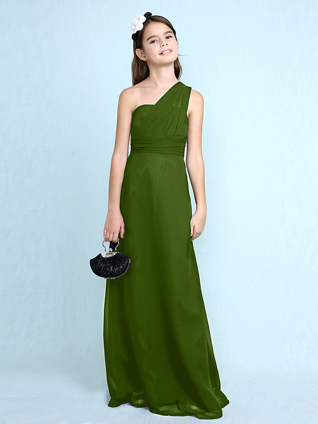 Long Sheath One Shoulder Flower Girl Dresses Chiffon Junior Bridesmaid Dress-27dress