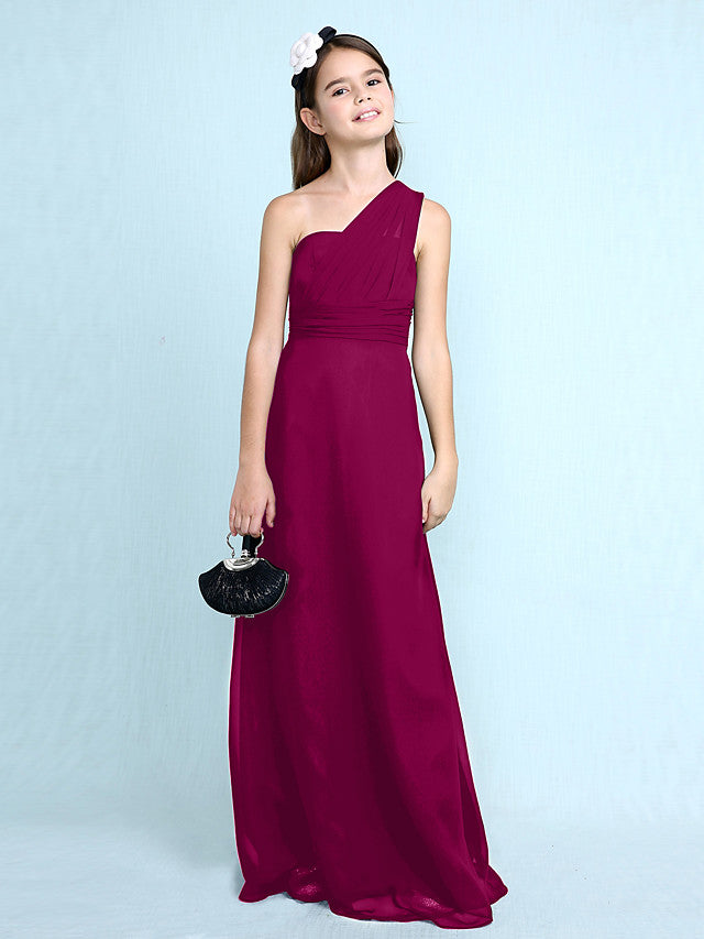 Long Sheath One Shoulder Flower Girl Dresses Chiffon Junior Bridesmaid Dress-27dress