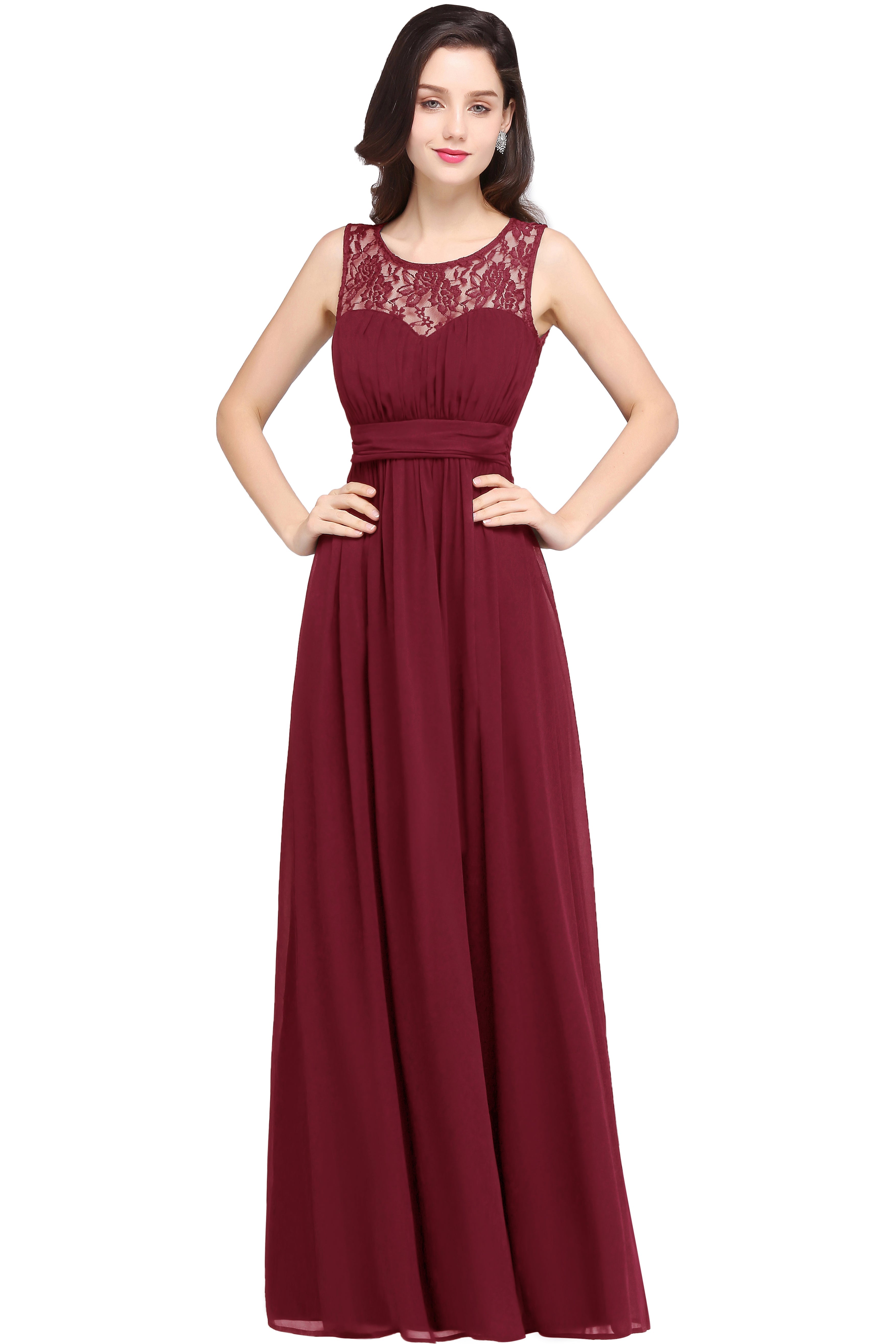 Long A Line Round Neck Chiffon Floor Length Formal Dresses-27dress