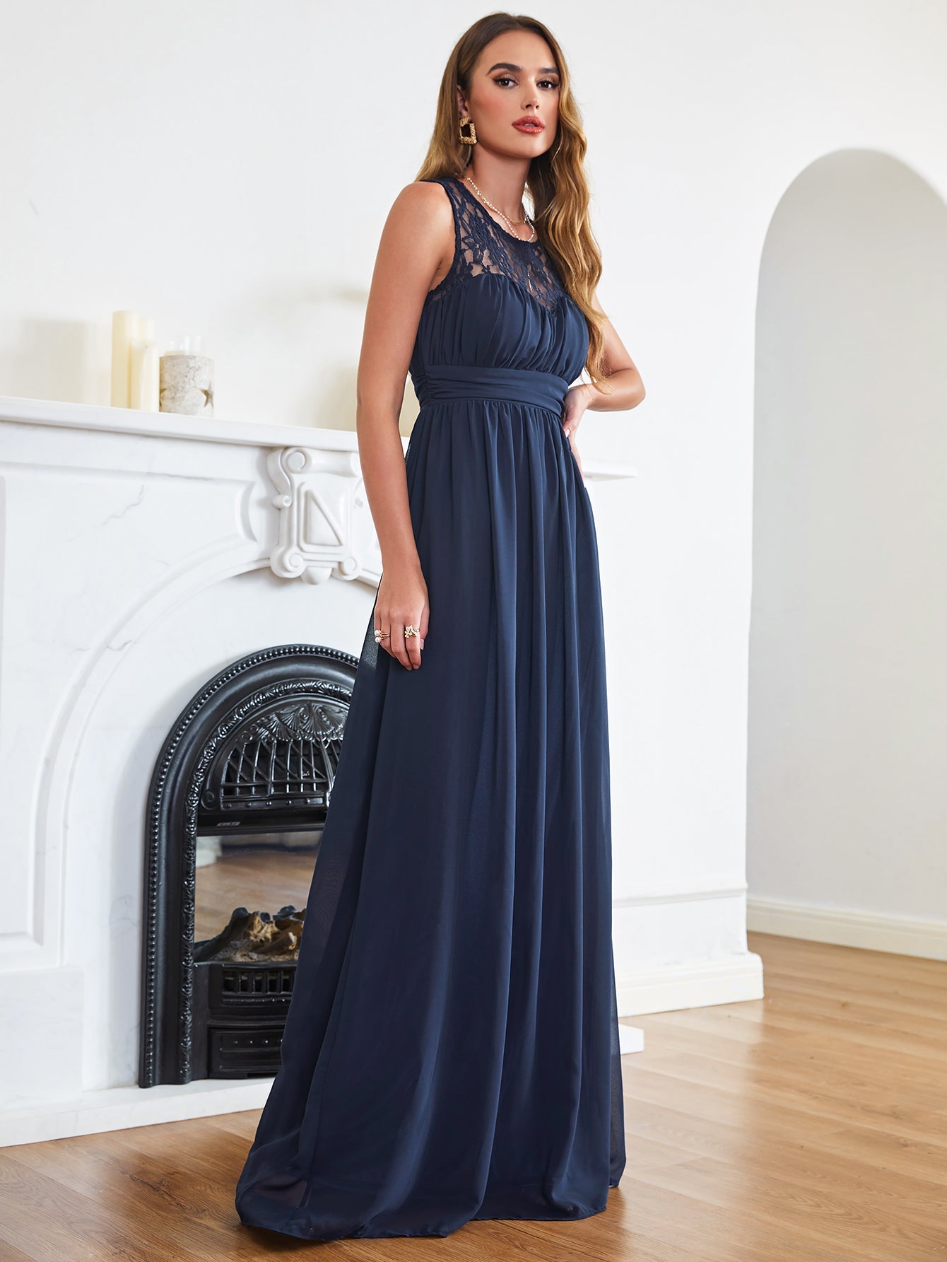 Long A Line Round Neck Chiffon Floor Length Formal Dresses-27dress