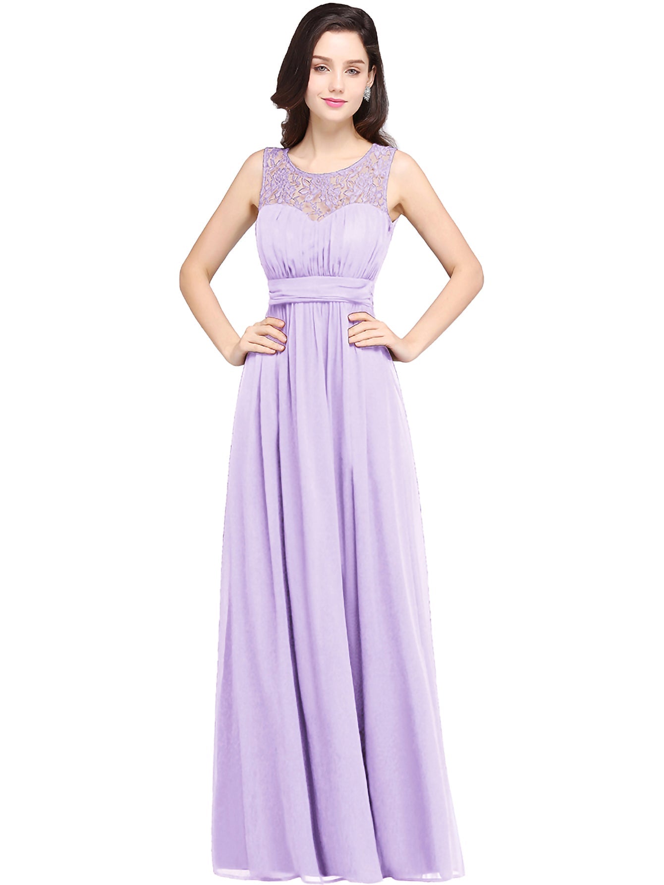 Long A Line Round Neck Chiffon Floor Length Formal Dresses-27dress