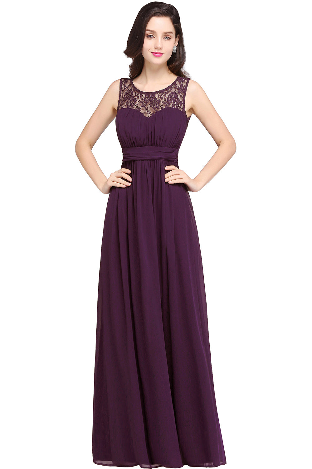 Long A Line Round Neck Chiffon Floor Length Formal Dresses-27dress
