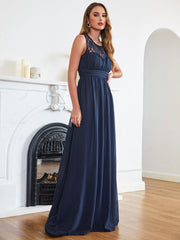 Long A Line Round Neck Chiffon Floor Length Formal Dresses-27dress