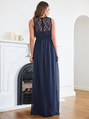 Long A Line Round Neck Chiffon Floor Length Formal Dresses-27dress