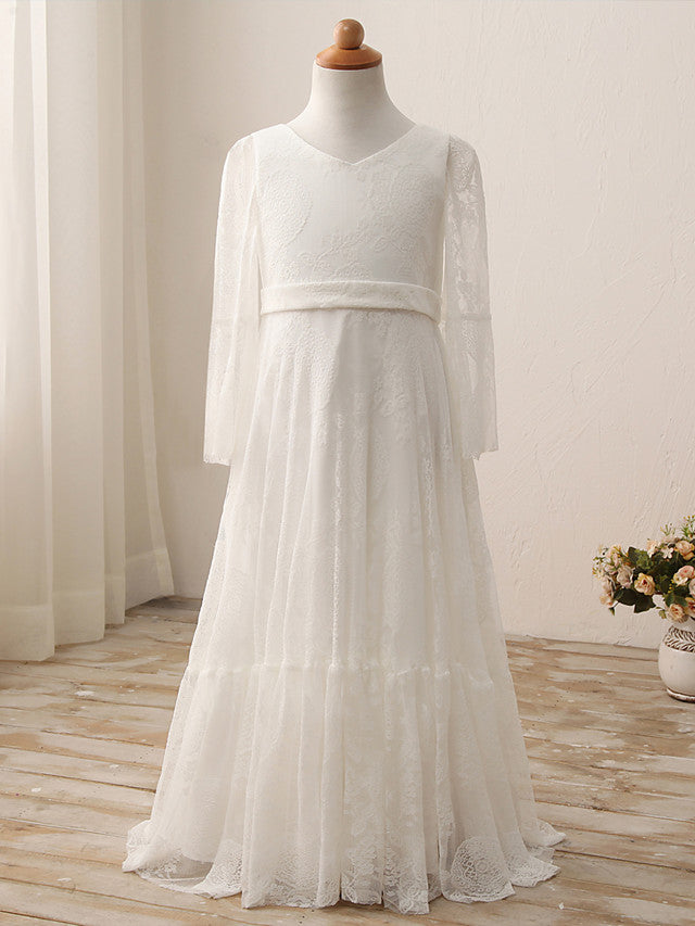 Long Sheath V Neck Maxi Wedding Birthday Holiday Flower Girl Dresses with Sleeves-27Dress