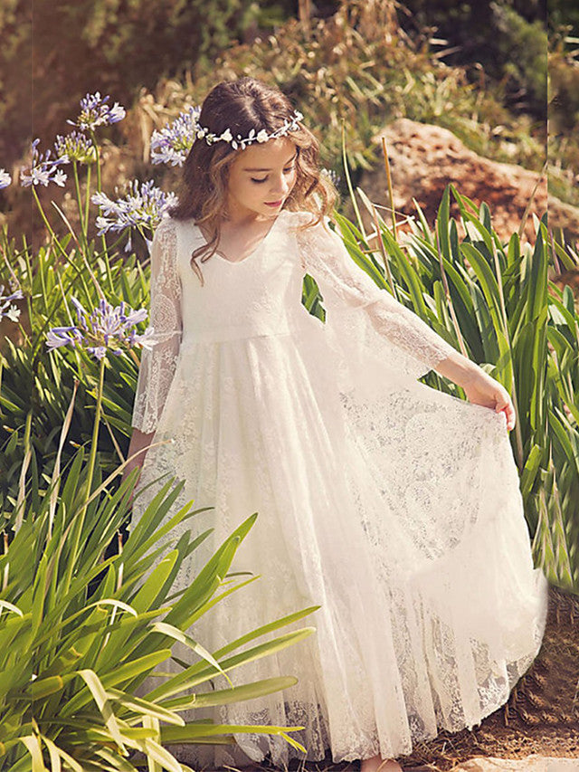 Long Sheath V Neck Maxi Wedding Birthday Holiday Flower Girl Dresses with Sleeves-27Dress