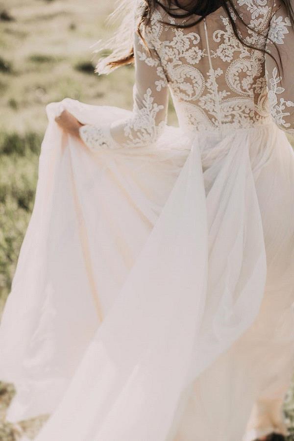 Long Sleeve A-line Appliques Lace Chiffon Wedding Dress-27Dress