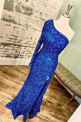Long Sleeve One Shoulder Long Prom Dress Sequins With High Split