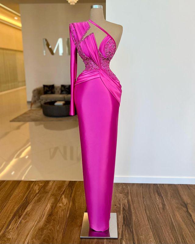 Long Sleeve One Shoulder Long Prom Dress With Pleated Appliques