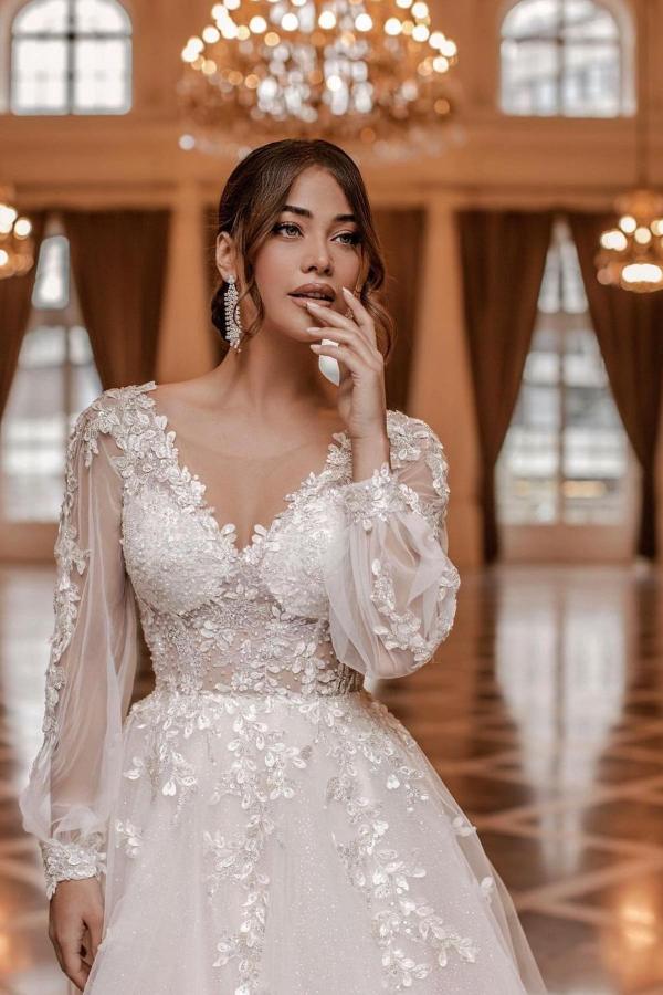 Long Sleeve Wedding Dress V-Neck With Lace Appliques-27dress