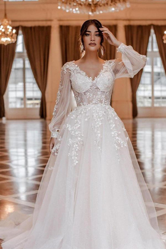 Long Sleeve Wedding Dress V-Neck With Lace Appliques-27dress