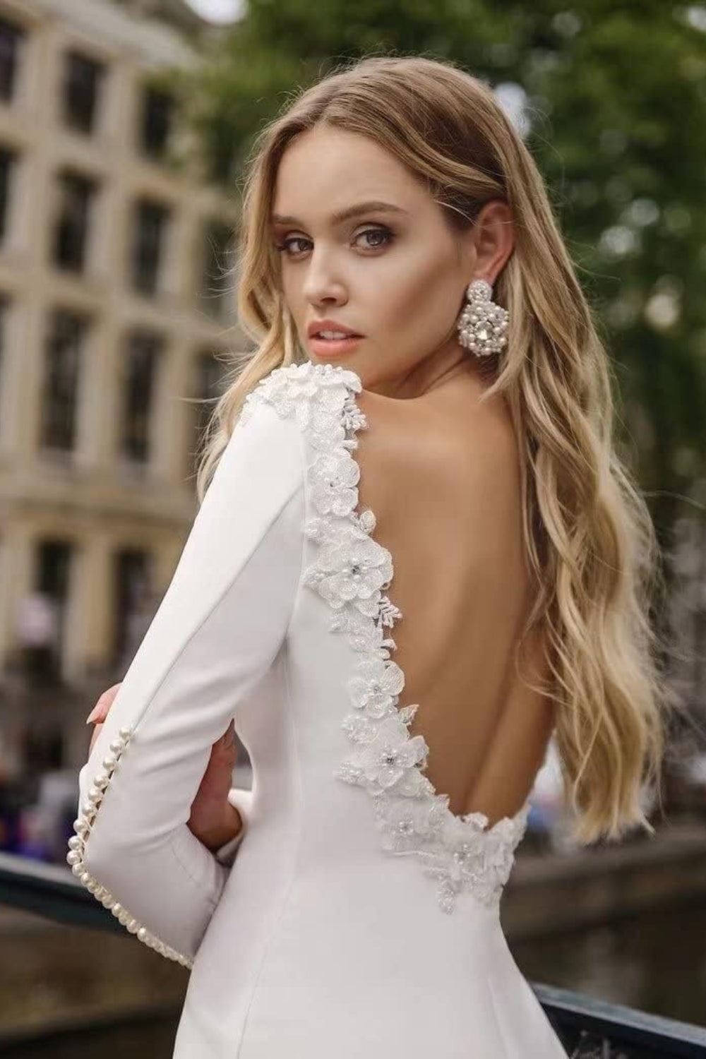 Long Sleeves Backless Mermaid Wedding Dress with Lace Applique-27dress
