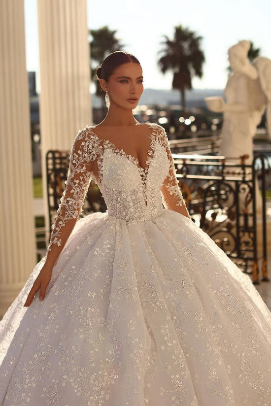 Long Sleeves Ball Gown Bridal Dress Lace Appliques Online-27dress