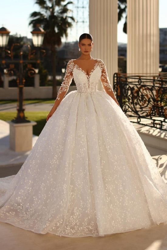 Long Sleeves Ball Gown Bridal Dress Lace Appliques Online-27dress