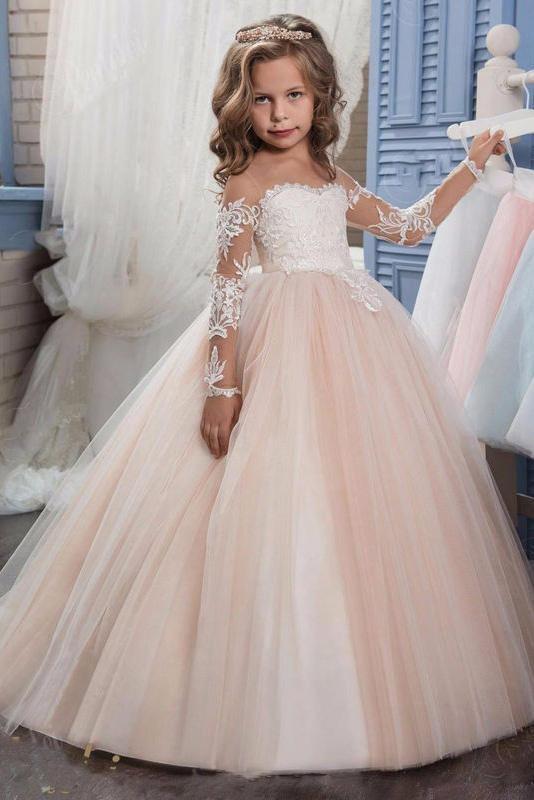 Long Sleeves Ball Gown Tulle Lace Scoop Neck Flower Girl Dresses-27dress