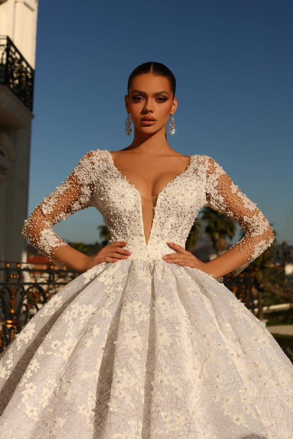 Long Sleeves Ball Gown Wedding Dress Lace Appliques V-Neck-27dress