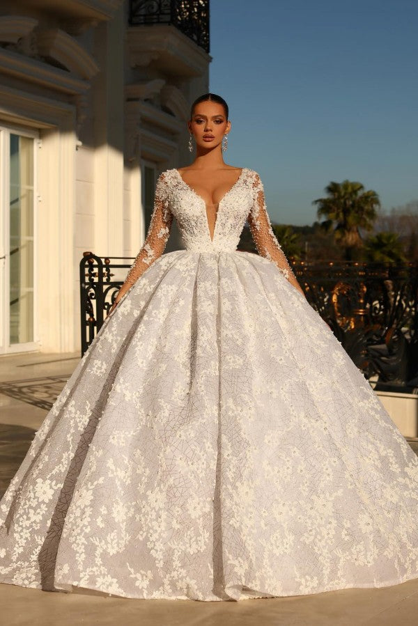 Long Sleeves Ball Gown Wedding Dress Lace Appliques V-Neck-27dress