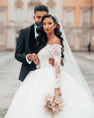 Long Sleeves Ball Gown Wedding Dress Off-the-Shoulder With Appliques-27dress