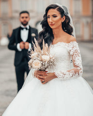 Long Sleeves Ball Gown Wedding Dress Off-the-Shoulder With Appliques-27dress