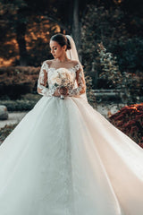 Long Sleeves Ball Gown Wedding Dress V-Neck Tulle With Lace Beads-27dress