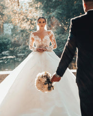 Long Sleeves Ball Gown Wedding Dress V-Neck Tulle With Lace Beads-27dress