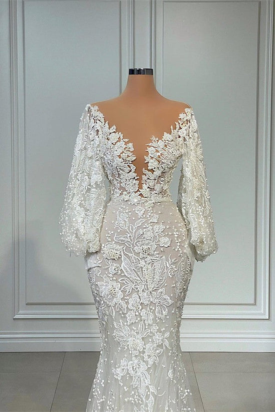 Long Sleeves Bridal Gowns Mermaid With Lace Appliques-27dress