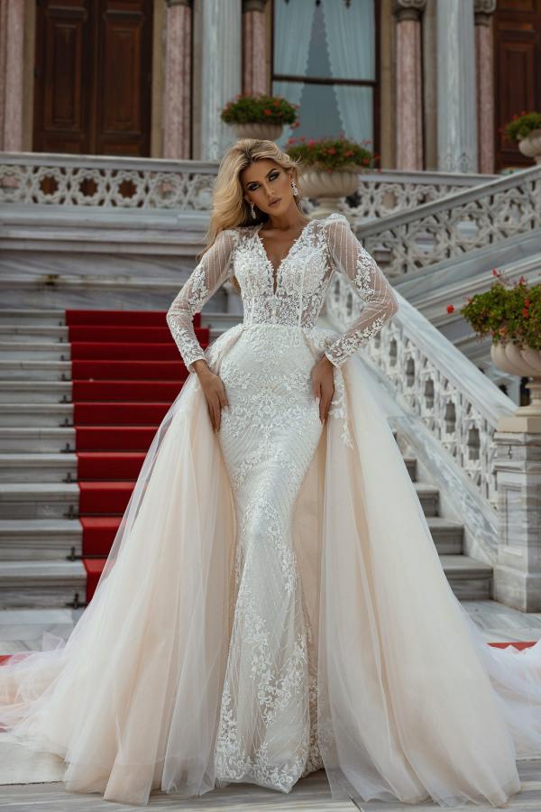 Long Sleeves Champagne Wedding Dress Lace Mermaid Overskirt-27dress