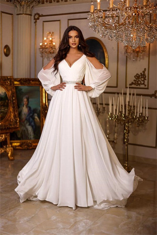 Long Sleeves Chiffon Wedding Dress Long With Split Online-27dress