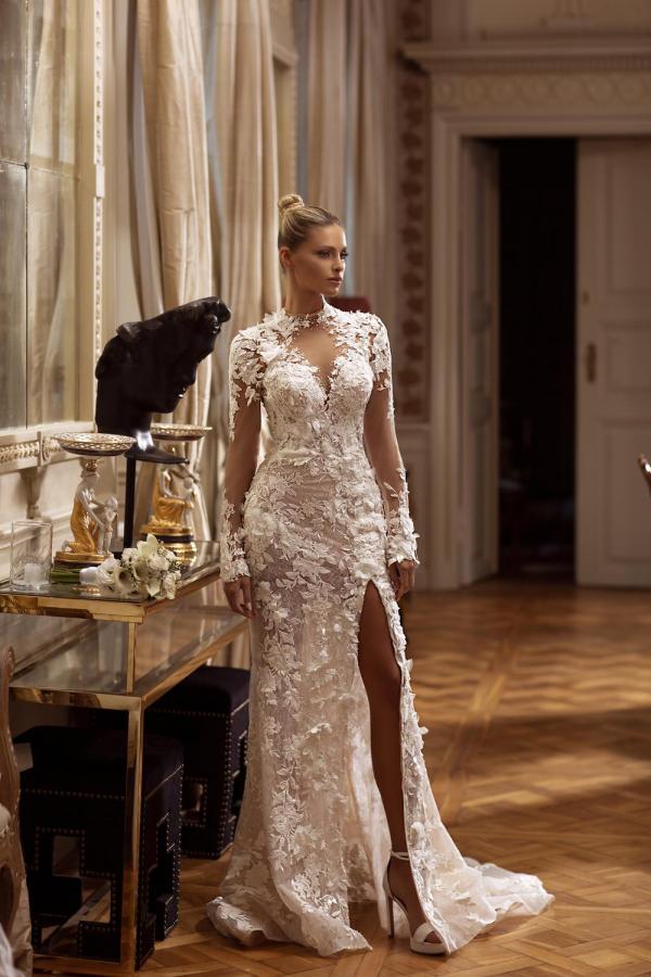 Long Sleeves High Neck Wedding Dress Tulle Appliques With Slit-27dress