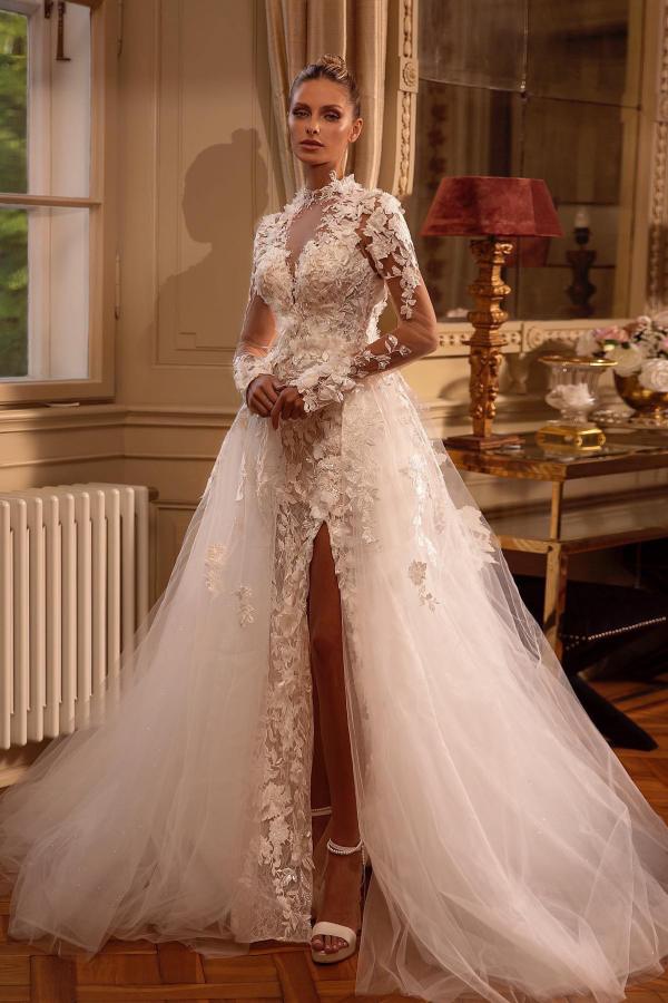 Long Sleeves High Neck Wedding Dress Tulle Appliques With Slit-27dress