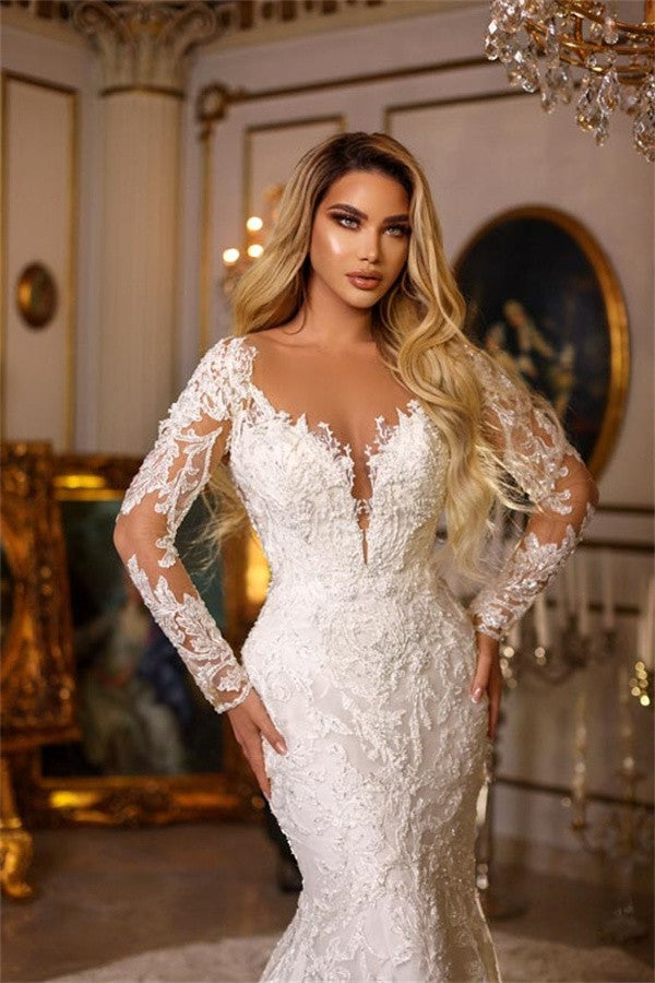 Long Sleeves Lace Wedding Gown Mermaid V-Neck Online-27dress