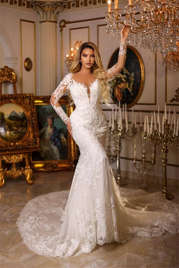 Long Sleeves Lace Wedding Gown Mermaid V-Neck Online-27dress