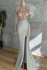 Long Sleeves Long Mermaid Prom Dress With High Split Appliques