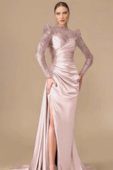 Long Sleeves Long Mermaid Prom Dress With Split Pleated Appliques