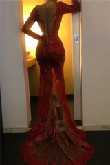 Long Sleeves Mermaid V-neck Backless Sequined Prom Dress with slit-27dress