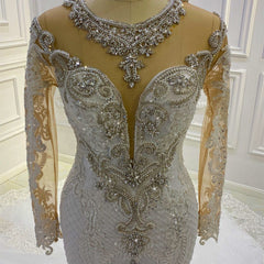Long Sleeves Mermaid Wedding Dress Lace Bridal Gowns With Crystal-27dress