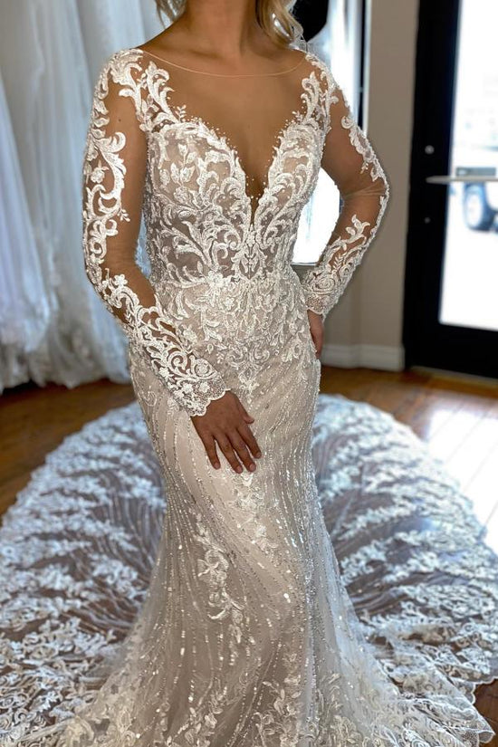Long Sleeves Mermaid Wedding Dress Lace V-Neck-27dress