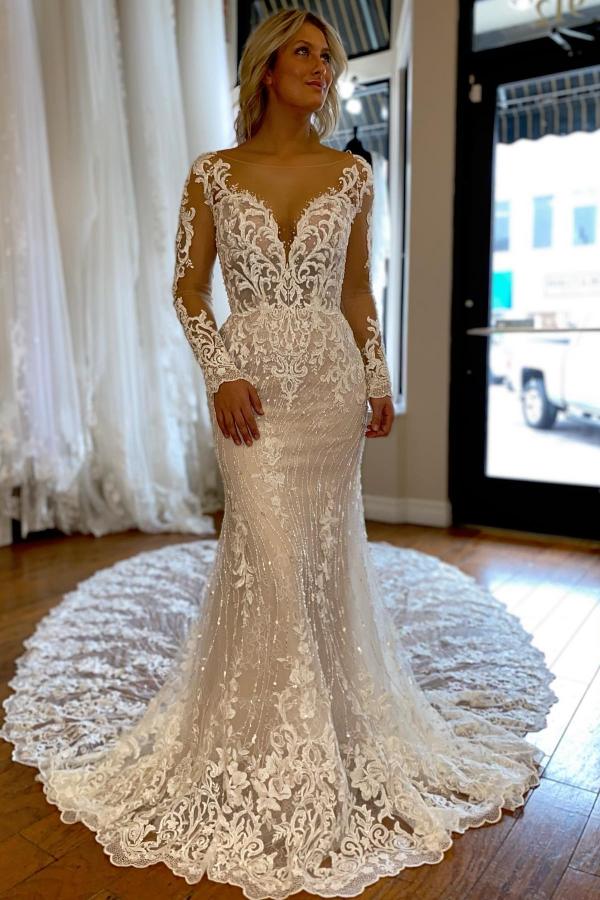 Long Sleeves Mermaid Wedding Dress Lace V-Neck-27dress