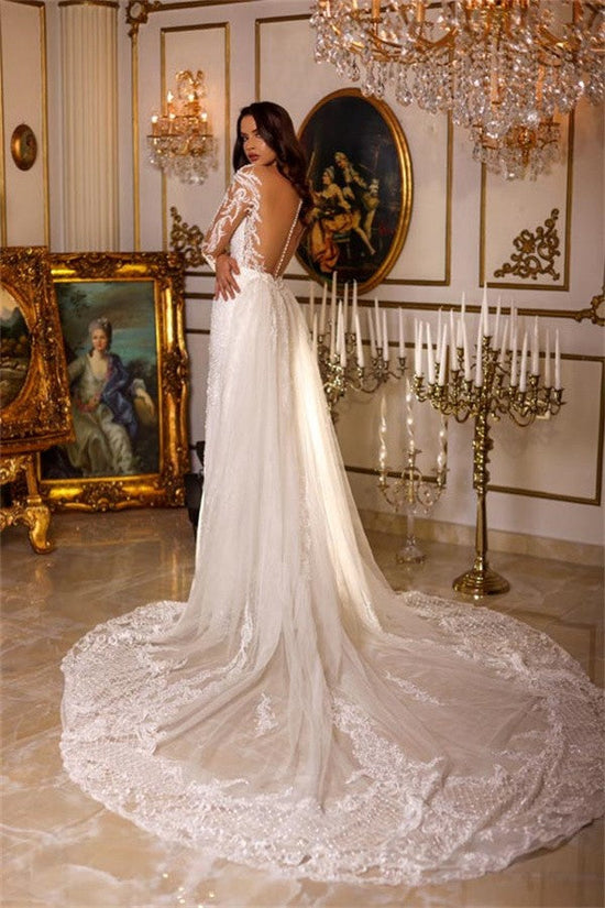 Long Sleeves Mermaid Wedding Dress Lace With Ruffles-27dress