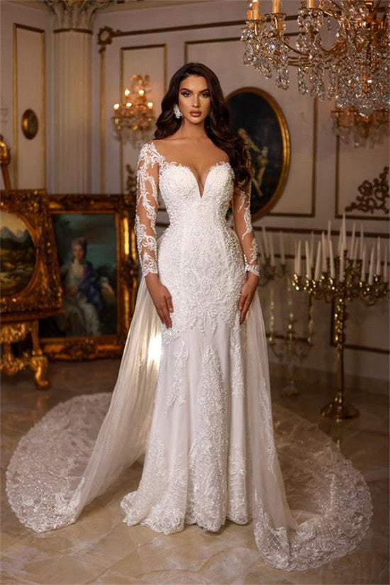 Long Sleeves Mermaid Wedding Dress Lace With Ruffles-27dress